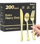 Dealusy 200 Count Heavy Duty Gold Plastic Silverware, 100 Forks, 50 Spoons, 50 Knives, BPA-Free, ...