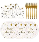 PUEVENYI 75PCS Happy Birthday Paper Plates - 7 Inch White Gold Dot Paper Plates and 6.5 Inch Napk...