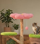 MUTTROS Wood Cat Tree with Flower Perch, 53.5" Modern Cat Tower w/Natural Solid Wood Scratching P...