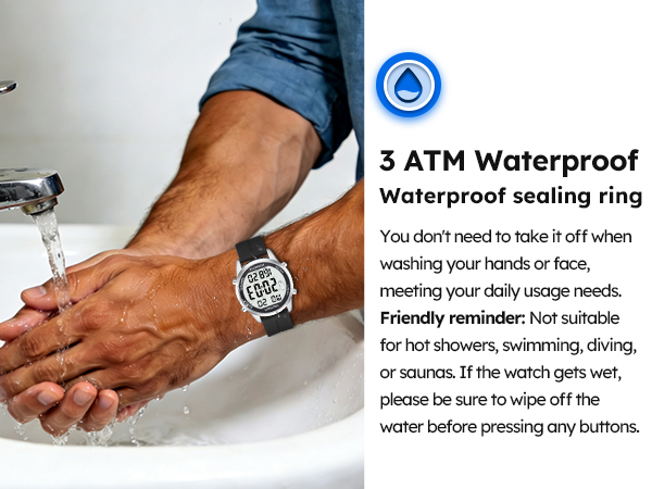 Text reads '3 ATM Waterproof' and 'Waterproof sealing ring'. Series of images demonstrating water resistance testing on a device.