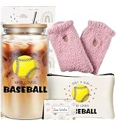 Funny Baseball Gifts Set for Women, Sports Party Favor Glass Cup Gift Box with Cosmetic Bag Socks...