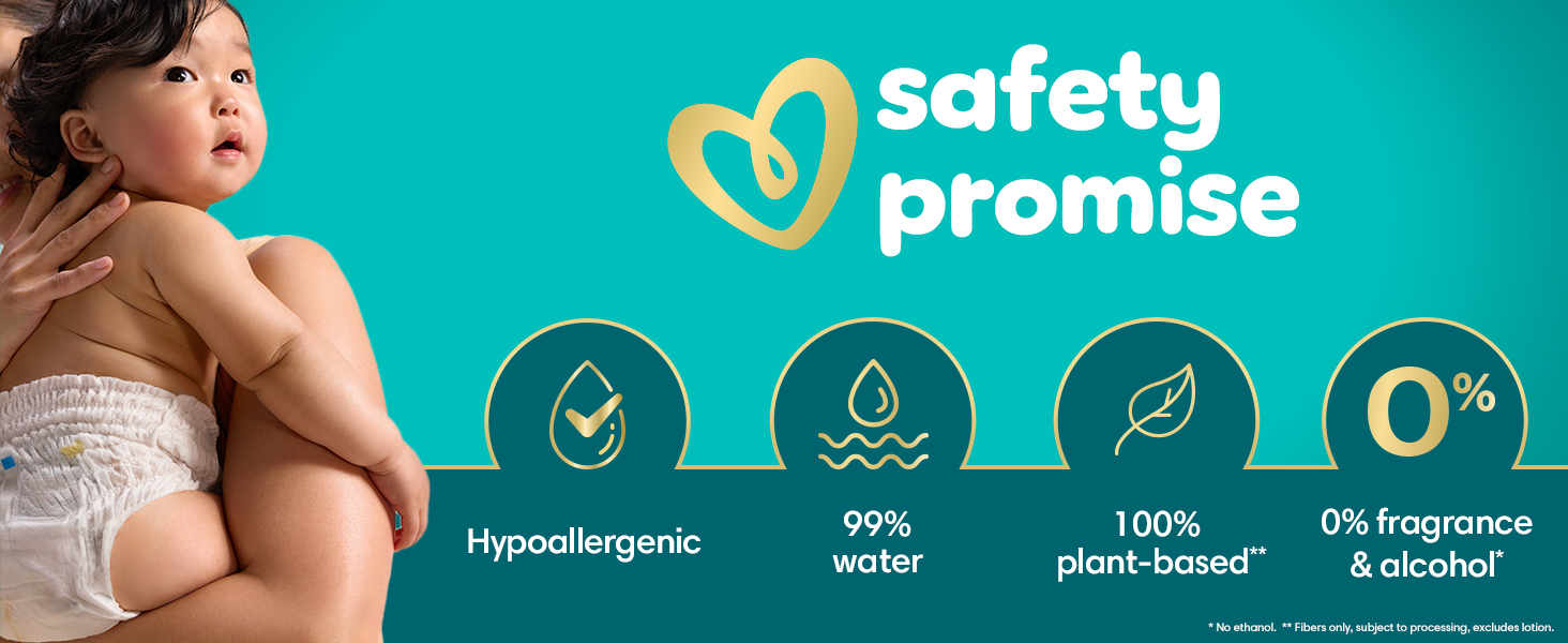 Pampers safety promise. 0% fragrance and alcohol* 99% water, 100% plant-based**, Hypoallegenic
