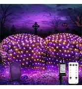 suddus 360 LED Halloween Net Lights, 12ft x 5ft Bush Lights Purple & Orange | REMOTE Waterproof C...