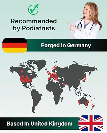 Text reads 'Recommended by Podiatrists', 'Forged in Germany', 'Based in United Kingdom'. World map graphic showing company locations with German and UK flags.