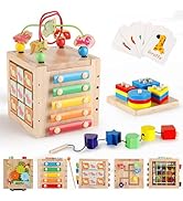 GEATEACO Wooden Activity Cube for Baby, 9-in-1 Montessori Toys for 3 Year Old Educational Learnin...