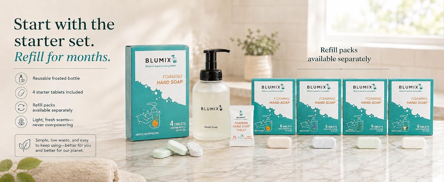 Start with the hand soap starter set and continue refilling with the convenient refill packs