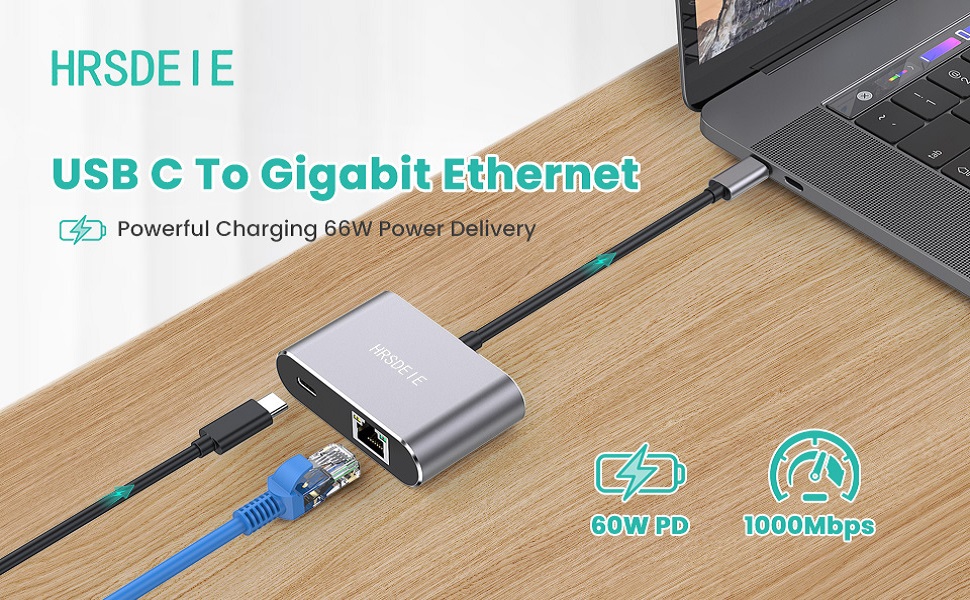 USB C Gigabit Ethernet Adapter with 60W Charging Port