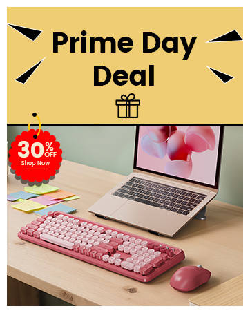 Pink retro keyboard and mouse with laptop in Prime Day deal banner.