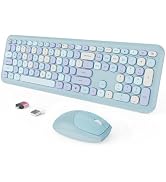 Wireless Keyboard and Mouse Combo, Colorful Ergonomic Full Size Retro Low-Noise Keyboard with Cut...