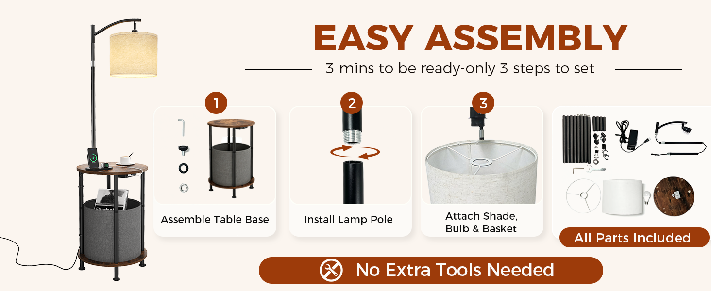 3-step assembly diagram for side table floor lamp, no extra tools, all parts included