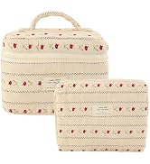 LYDZTION 2PCS Floral Quilted Makeup Bag Set for Women,Cosmetic Bag Coquette Travel Makeup Bag Pou...