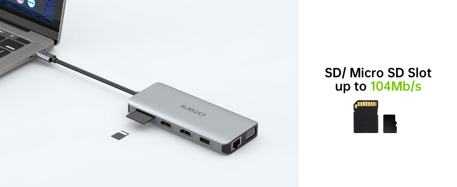 Silver USB-C hub adapter featuring multiple ports and an SD/Micro SD card slot supporting speeds up to 104MB/s, shown connected to a device.
