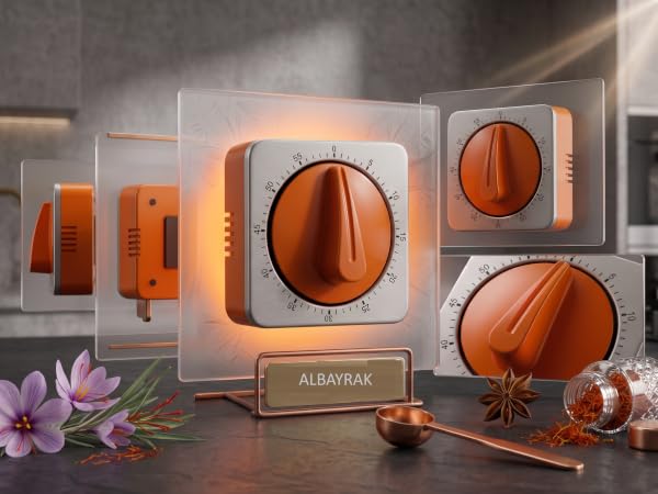 ALBAYRAK orange mechanical kitchen timer shown from multiple angles on a modern countertop