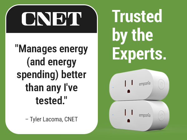 Emporia smart plug with CNET and PC Mag press review quotes praising its energy tracking accuracy.