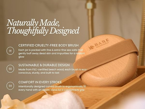 body brush on a bath tray in placed on the edge of a bath tub