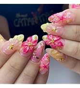 24Pcs Flowers Press On Nails Almond French Tip Fake Nails with 3D Shell Pearl Gold Star Summer Ac...