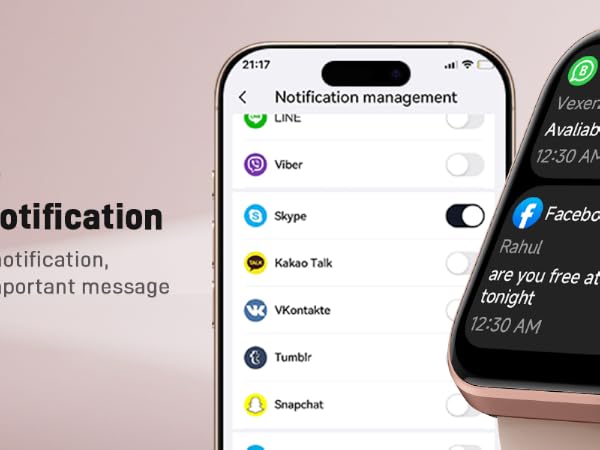 Smartwatch with rose gold case displaying message notifications. Adjacent smartphone screen shows notification management interface with app icons and toggle switches.