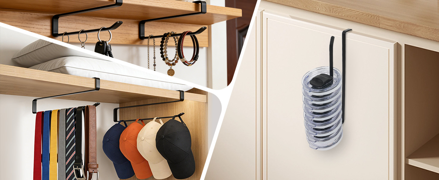 Holds lids, hats, scarves, belts. No drill or glue. Slide onto shelf – use upright or sideways.