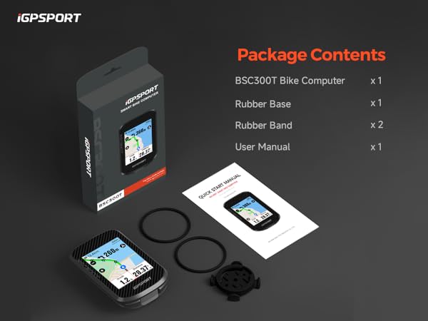 IGPSPORT bike computer package contents display showing device, rubber mount, bands, and user manual on black background.