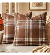 MIULEE Fall Plaid Decorative Pillow Covers Set of 2 18x18 Brown | Scottish Tartan Vintage Throw P...