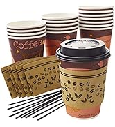 Leak-free Decorative 12 Oz Disposable Coffee Cup 50Pk Set With Sleeves, Lids, and Stirrers. Recyc...