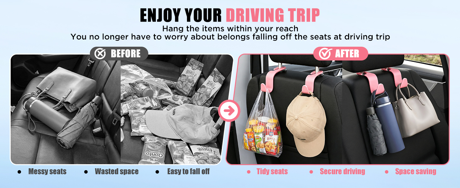 Car seat headrest hooks