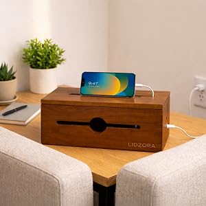 Wooden LIDZORA cable management box on desk with phone standing on top_landscape