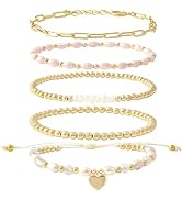 GOOJIDS Tiny Pearl Gold Heart Beaded Bracelets For Women Dainty Gold Plated Pearls Stack Gold Lay...