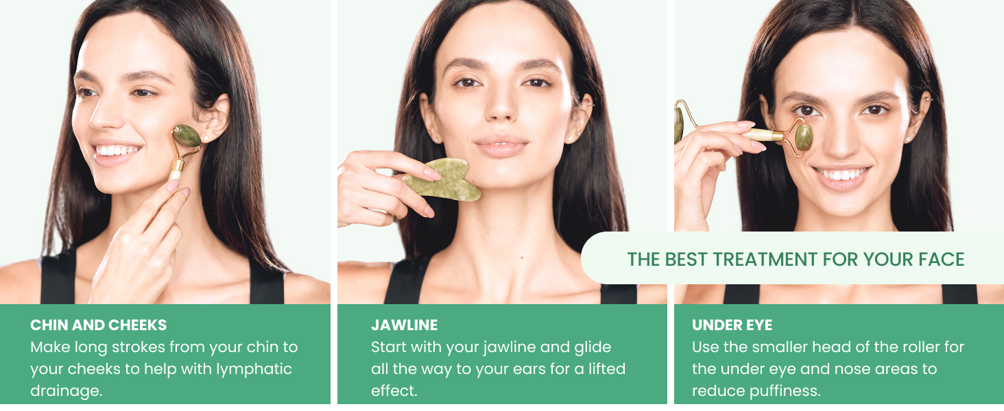 Woman using the Plantifique jade roller and gua sha on cheeks and jawline for facial massage