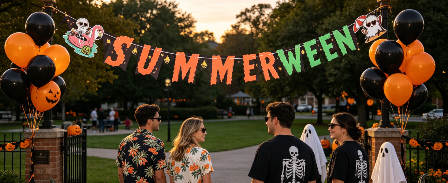 Summerween banner at community park, neighbors in costume.