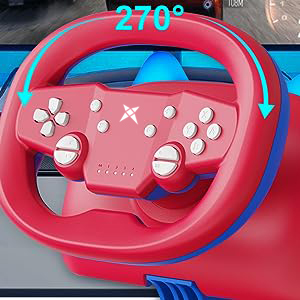 Red and blue gaming or controller device shown from multiple angles, featuring white button indicators.