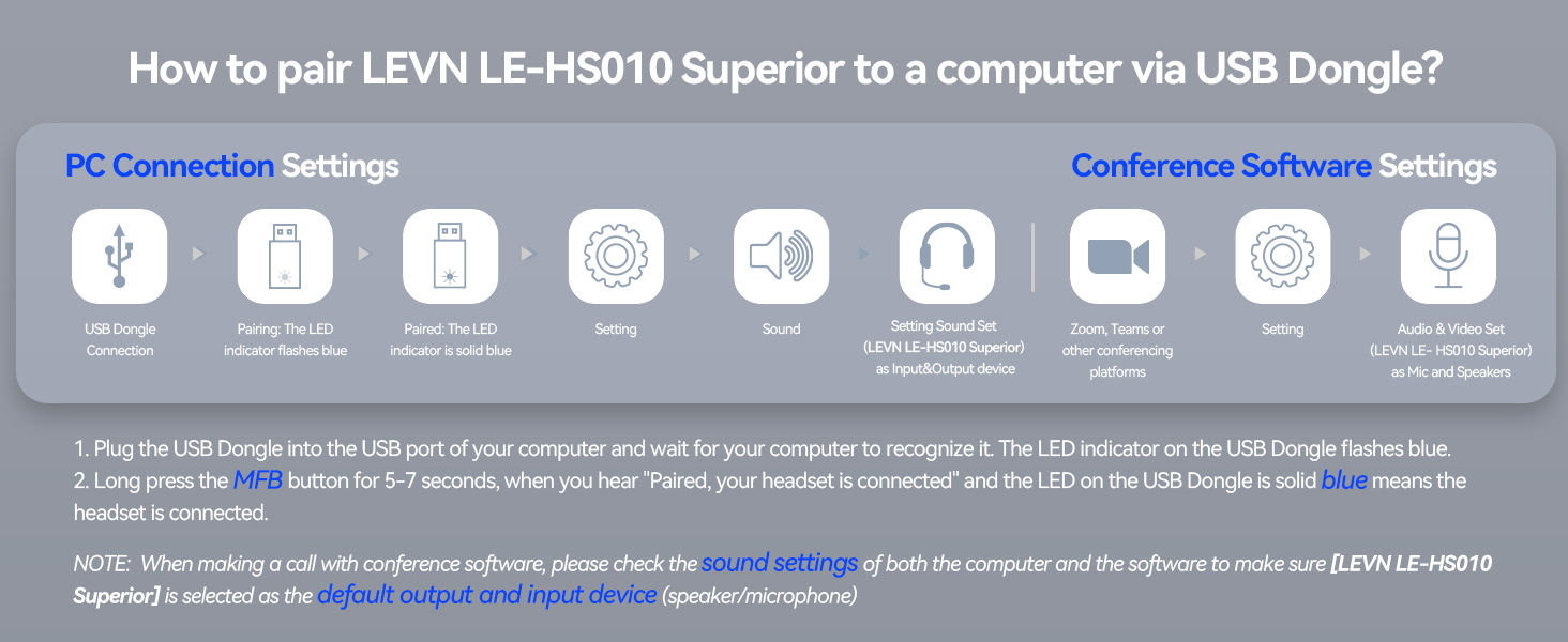 Pair LEVN LE-HS010 Superior to a computer via USB Dongle