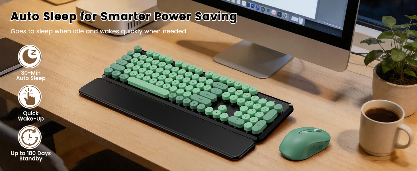 Green Black round-key keyboard and mouse with wrist rest show auto sleep power saving.
