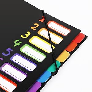 Series of rainbow-colored numbered tabs or dividers against black background, arranged sequentially from 1-5 in different bright colors.