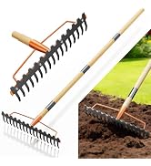 GlimHirVox Bow Rake Heavy Duty 17-Tine, 55" Wooden Handle Garden Rake | Quenched Manganese Steel,...