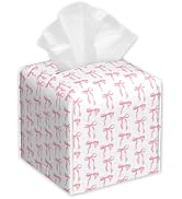Pink Ribbon Bow Tissue Box Cover,PU Leather Tissue Box Holder Square,Modern Home Decoration for B...