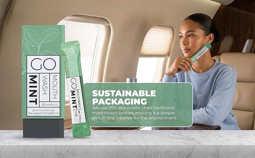 Mouthwash that's perfect for traveling. Amenities kit in an airplane