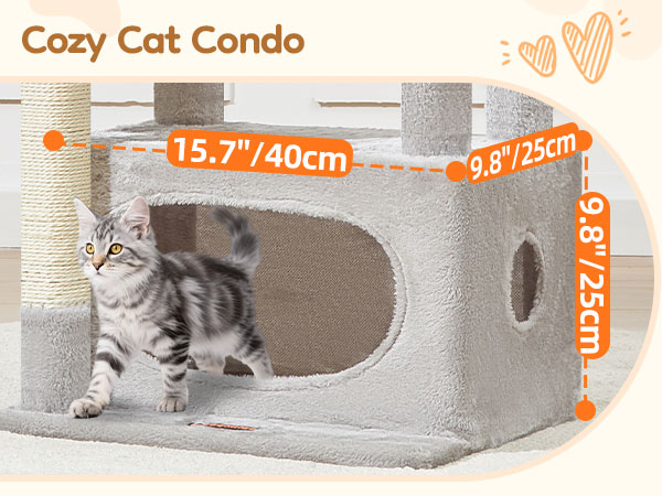 Text reads 'Cozy Cat Condo'. Product dimensions shown: '15.7"/40cm' width, '9.8"/25cm' depth. Gray cat house with circular entrance