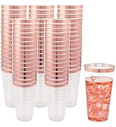 LIYH 100pcs Rose Gold Plastic Cups,16 oz Rose Gold Rimmed Plastic Cups Elegant Clear Plastic Wedd...