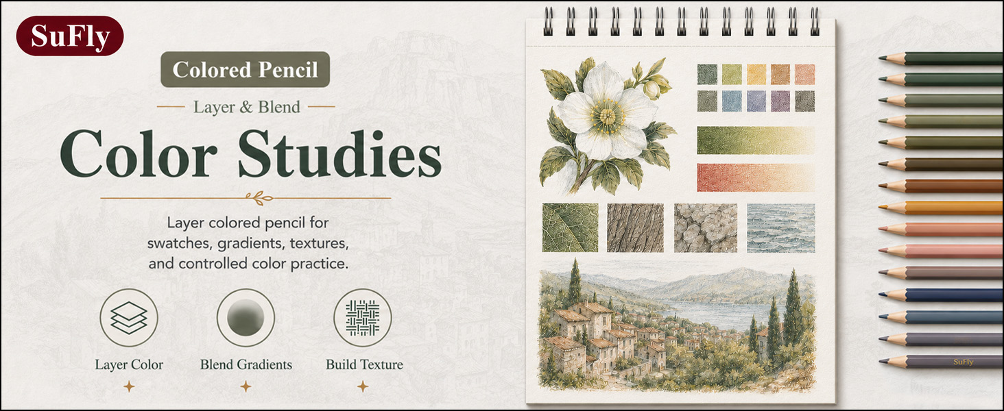 SuFly sketchbook showing colored pencil flowers, color swatches, gradients, visual texture studies