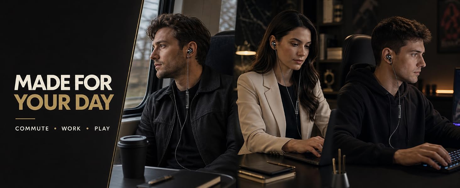 Wired earbuds shown alongside scenes of a man traveling, working on a laptop, and gaming.