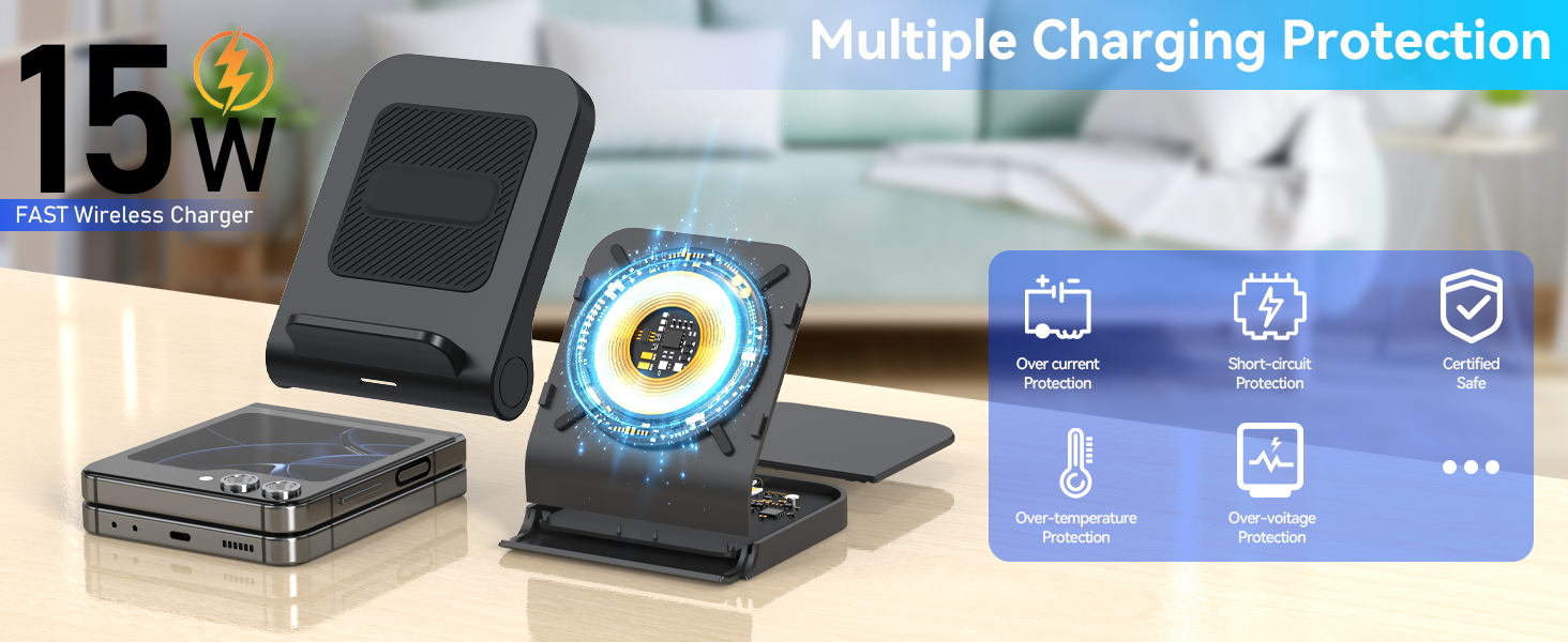15W fast wireless charger with folding stand. Shows charger upright and flat, with smartphone and smartwatch. Icons indicate multiple charging protection features.