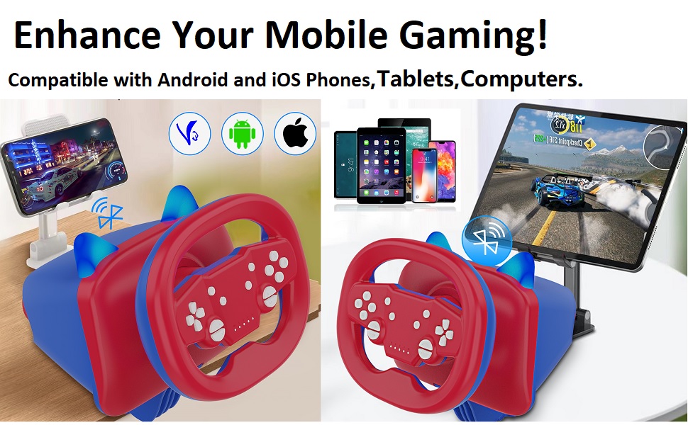 Red and blue mobile gaming steering wheel controllers compatible with various devices. Product shown with tablet and smartphone, highlighting cross-platform compatibility.