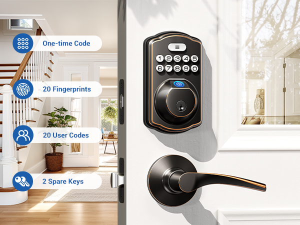 20 fingerprints, 20 user passwords, one time codes, 2 spare keys.