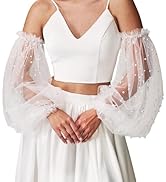 YAEISM White Bridal Gloves Long Pearl Wedding Sleeves Lace Sheer Puffy Sleeves Tulle Gloves Finge...