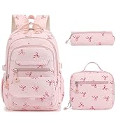 RTGNEI Girls School BOW Backpack with Lunch Box for Kids, Kawaii Aesthetic Laptop Bookbag for Travel