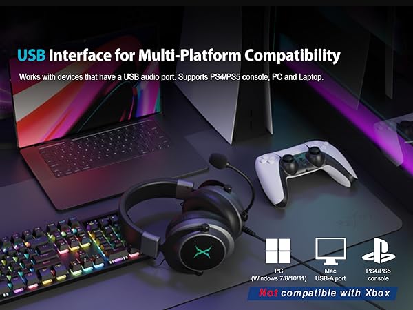 USB interface headphone for PC, PS4/5 console, Laptop and MAC USB-A port.