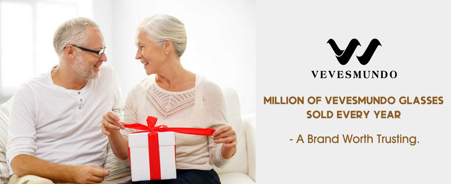 Vevesmundo eyeglasses advertisement featuring an older couple. The man wears glasses while they examine a gift box. Text claims millions sold yearly and brand trustworthiness.