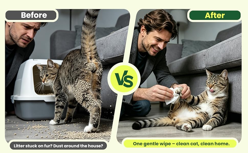 Left: litter on cat, dusty home, sad owner. Right: gentle wipe, clean cat, happy home.