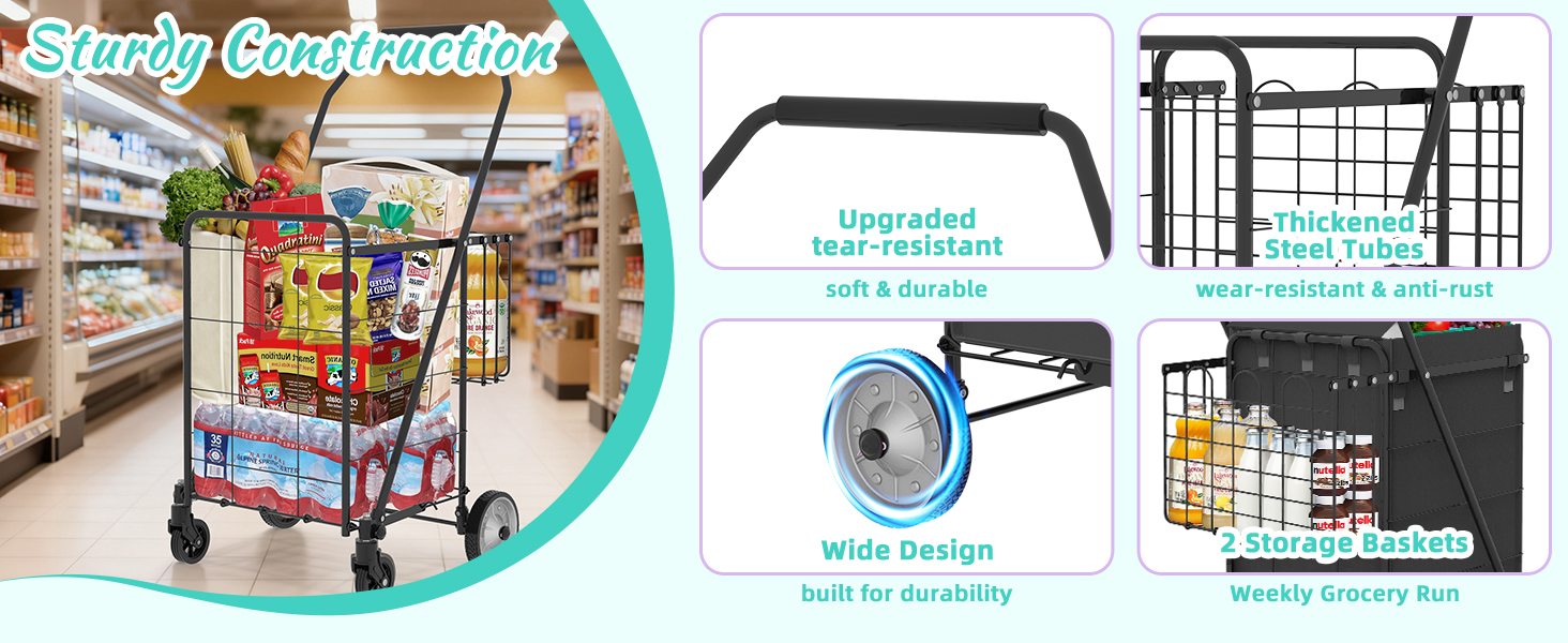 Lightweight Shopping Cart with 360° Swivel Wheels for Grocery, Apartments, Laundry